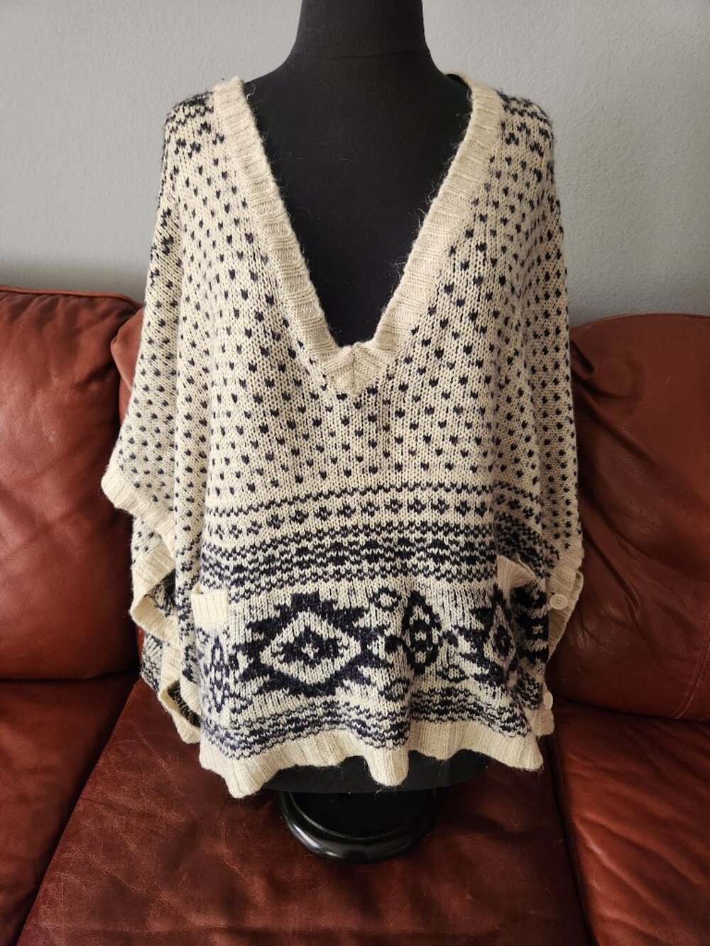 Cream and Navy Poncho